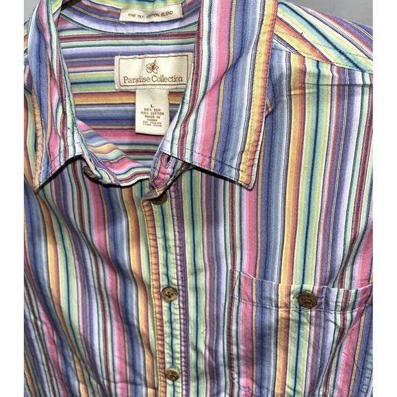 paradise collection hawaiian shirt 100% SILK L Striped Wooden Button Short Men's - Picture 1 of 4